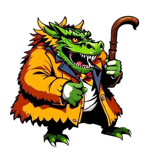 dragon pimp fur coat holding cane tattoo design idea