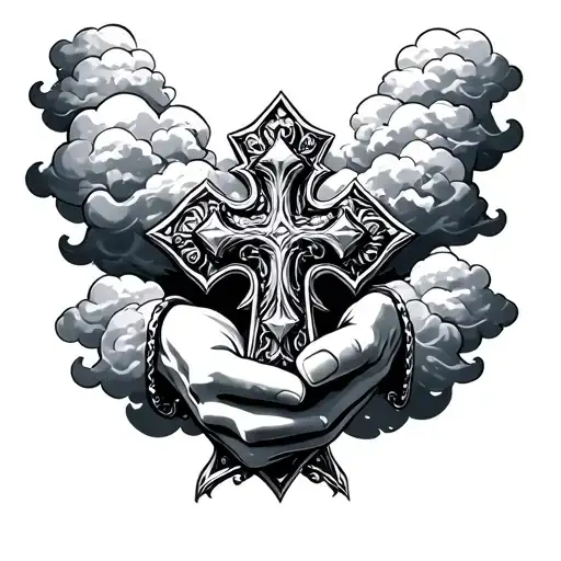 half sleeve tattoo hand holding a chrome hearts cross surrounded by clouds make clouds look like real clouds  tattoo design idea