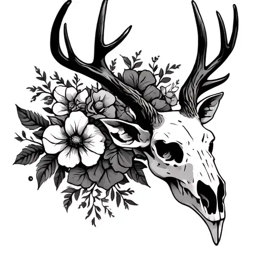 deer skull with flowers wrapped tattoo design idea