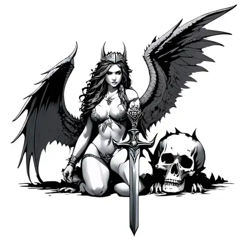 valkyrie with wings and a sword through a skull. on her knees. near a dragon  tattoo design idea
