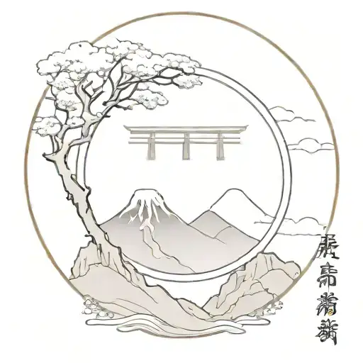 torii gate with mount fuji circle tattoo tattoo design idea