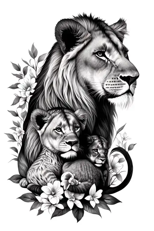 lioness and 2 lion cubs resting with flowers intertwined tattoo design idea