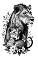 lioness and 2 lion cubs resting with flowers intertwined tattoo design idea