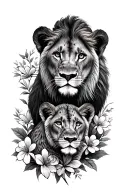 lioness and 2 lion cubs resting with flowers intertwined tattoo design idea