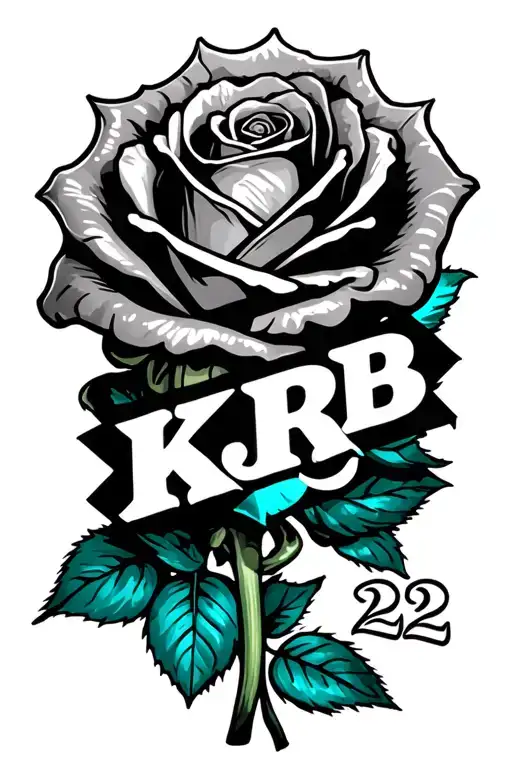 "KJ RB 22" Black and teal wrapped rose tattoo design idea