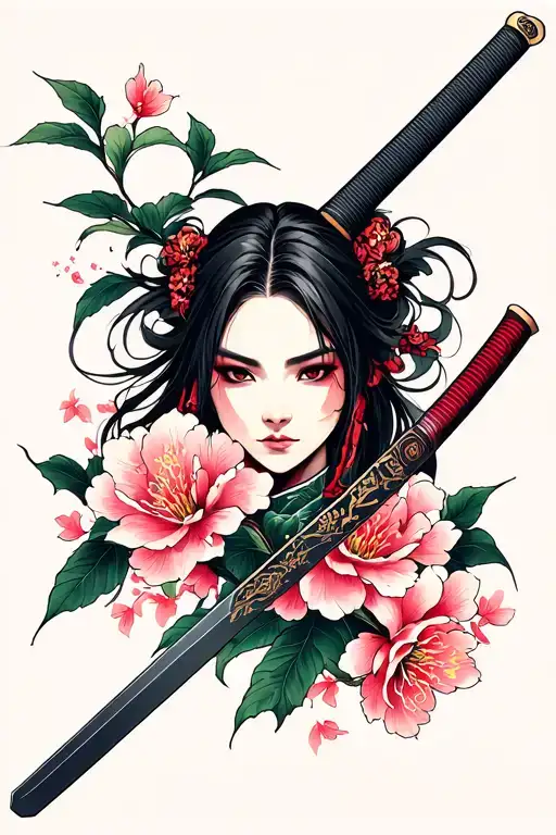 katana sword and sakura tattoo design idea