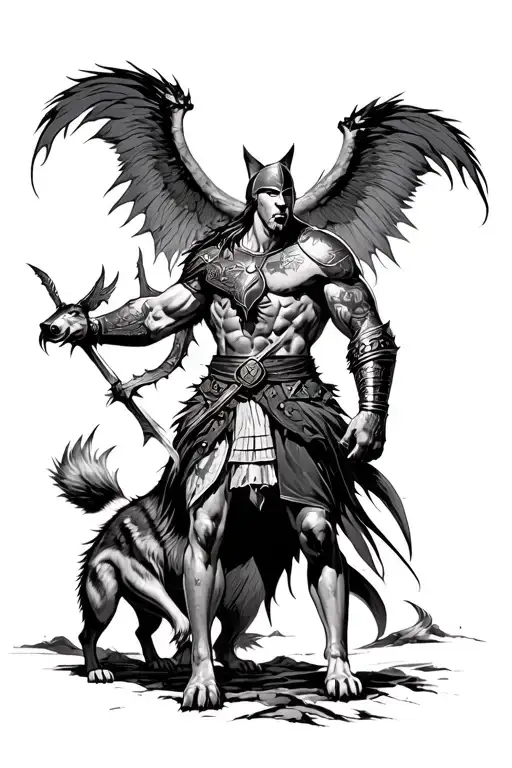 spartan warrior battling demons with a wolf standing tattoo design idea