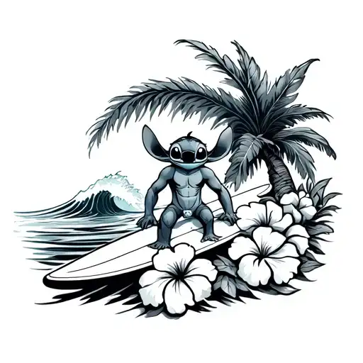 Stitch in paradisestitch on a surfboard, large wave behind him. Rondom hibiscus flowers and a palm tree. In the luc tattoo design idea