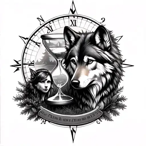 Family and forest and hour glass and wolf and compass tattoo design idea