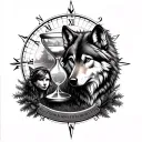 Family and forest and hour glass and wolf and compass tattoo design idea