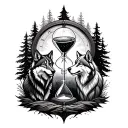 Family and forest and hour glass and wolf and compass tattoo design idea
