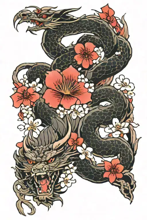 Dragon wrapped around japanese cherry blossom tattoo design idea