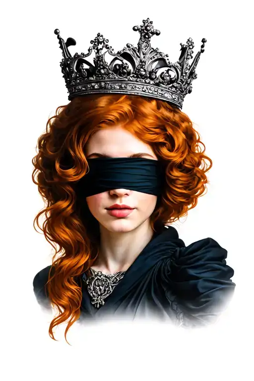 A blind queen with dark ginger hair wearing a blindfold covering her eyes and a crown tattoo design idea