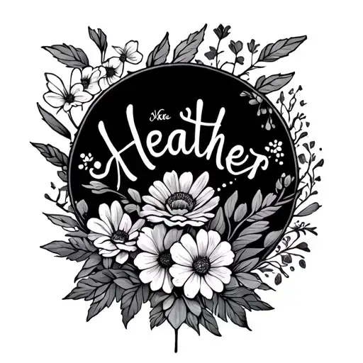 The word Heather and flowers in the back tattoo design idea