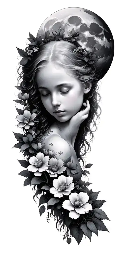 family tree growing Mother Nature moon flowers tattoo design idea