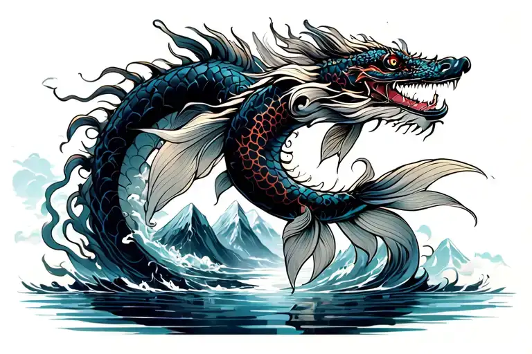 Journey tattoo of koi swimming into mountain rising into dragon tattoo design idea