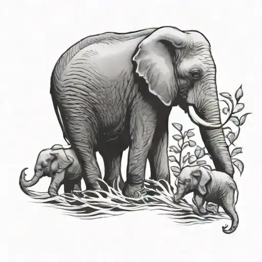 mama elephant followed byv3 babies holding trunk to tail tattoo design idea