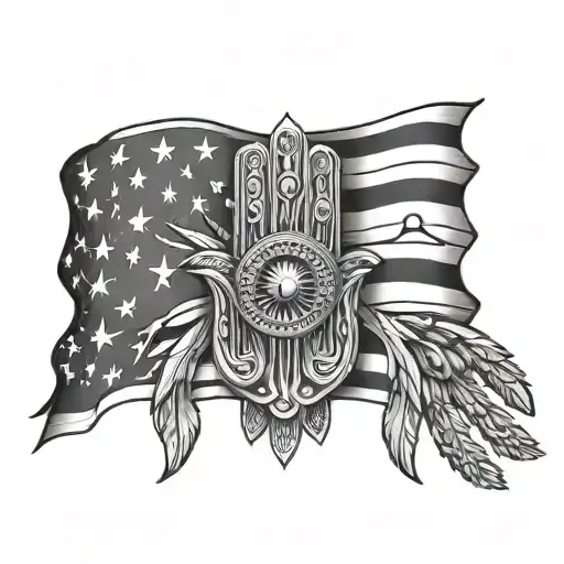 Assyrian flag intertwined with American flag wrist sleeve lamas and hamsa hand tattoo design idea