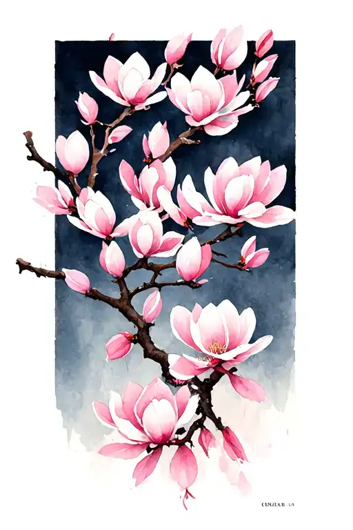 A Japanese-inspired illustration featuring a delicate branch adorned with vertically arranged soft pink magnolia blossom tattoo design idea