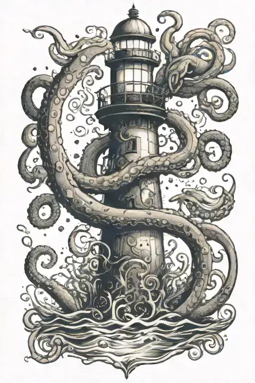 bottle in the sea with inside a agitated ocean and lighthouse and octopus tattoo design idea