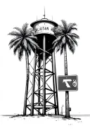 street sign, palm trees above, water tower on top tattoo design idea