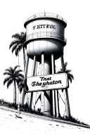 street sign, palm trees above, water tower on top tattoo design idea