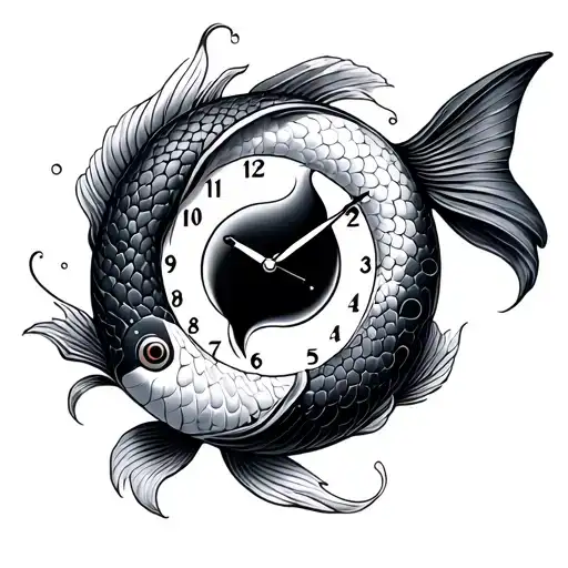 yin yang koi fish time clock tattoo design idea