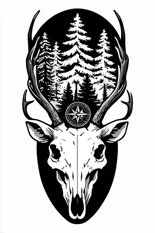 deer skull, pine trees, compasss rose tattoo design idea