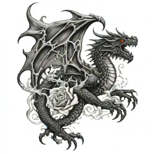 i want a black dragon emerging from a cave with smoke inside of it some roses and romen leters on rigth arm tattoo design idea