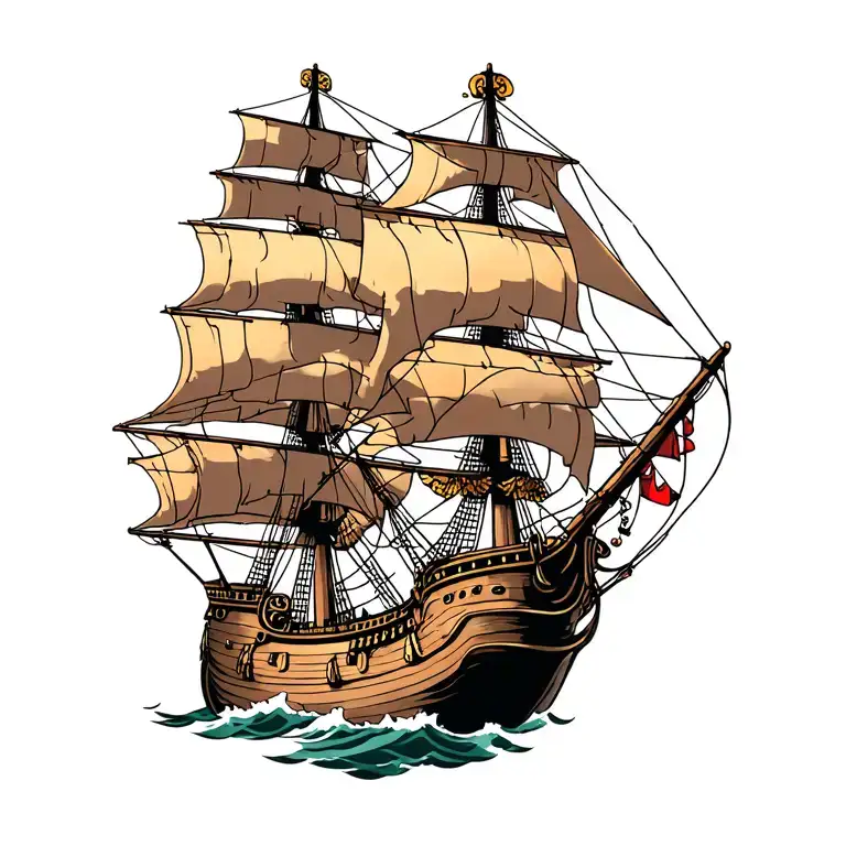 galleon with picture on sails adorned tattoo design idea