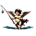 cherub holding fishing rod tattoo design idea