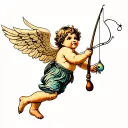 cherub holding fishing rod tattoo design idea
