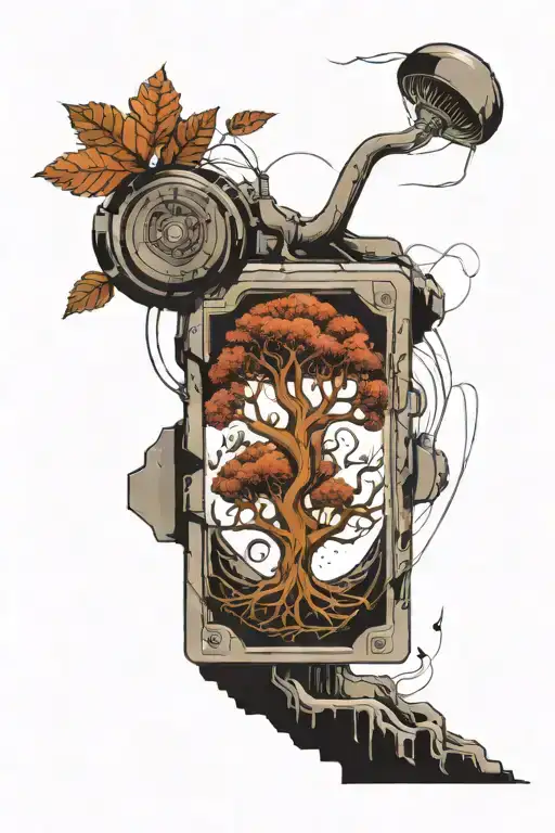 An abstract tattoo representing the absurdity of life, with a tree growing from a computer chip symbolizing the cycle of tattoo design idea