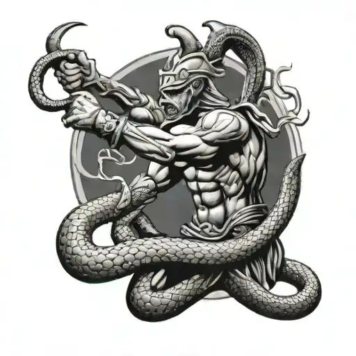 Greek warrior fighting snakes tattoo design idea