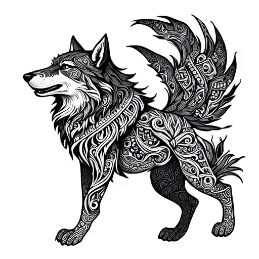 A tribal-inspired design featuring a dancing wolf in dotwork style tattoo design idea