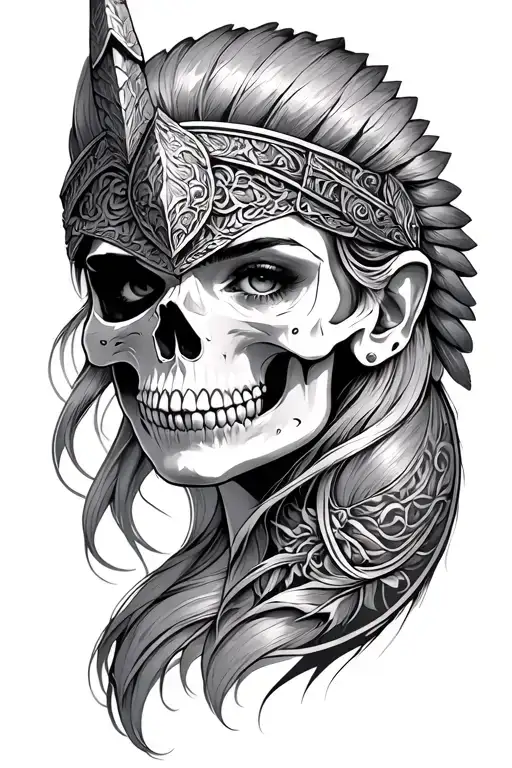 female Valkyrie face with half skull tattoo design idea