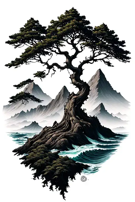Ocean Mountain tree tattoo design idea