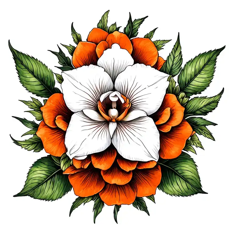 white cattleya and orange rose surrounded tattoo design idea