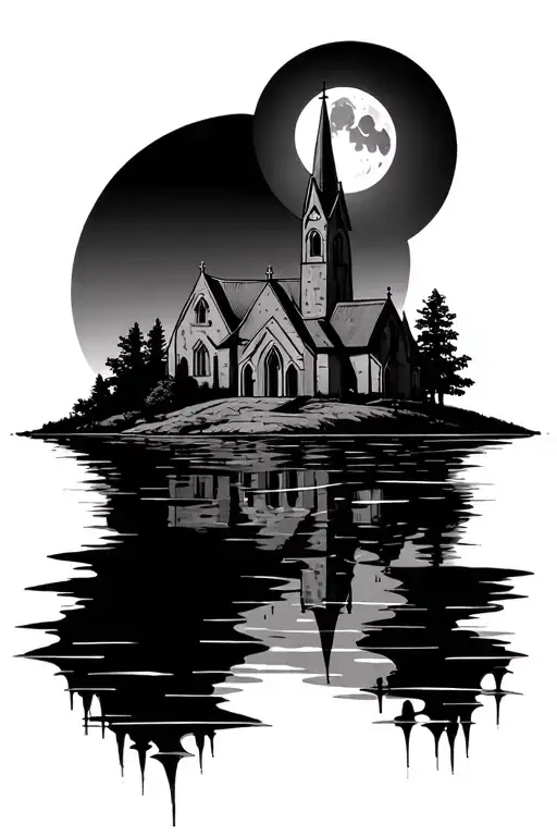 gothic church with lake below and reflection with moon tattoo design idea