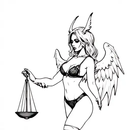 Scary girl in sexy lingerie with demon wings holds scales of justice tattoo design idea