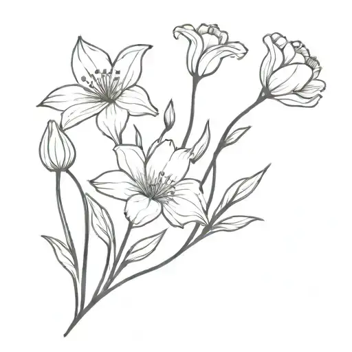 bouquet fine line of paperwhites, poppies, daises, wildflowers, daffodils, cosmos, and tulips with stem tattoo design idea