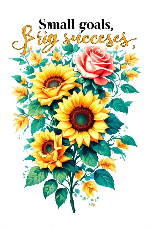 "Small goals, big successes " Roses and sunflowers tattoo design idea