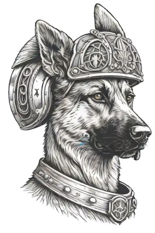 A German Shepherd standing proudly with a warrior helmet on its head, symbolizing loyalty and strength tattoo design idea
