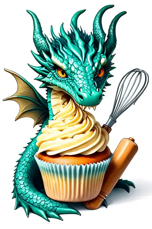 Dragon made out of baking utensils (whisk, spatula, rolling pin) with a cupcake in its claw tattoo design idea