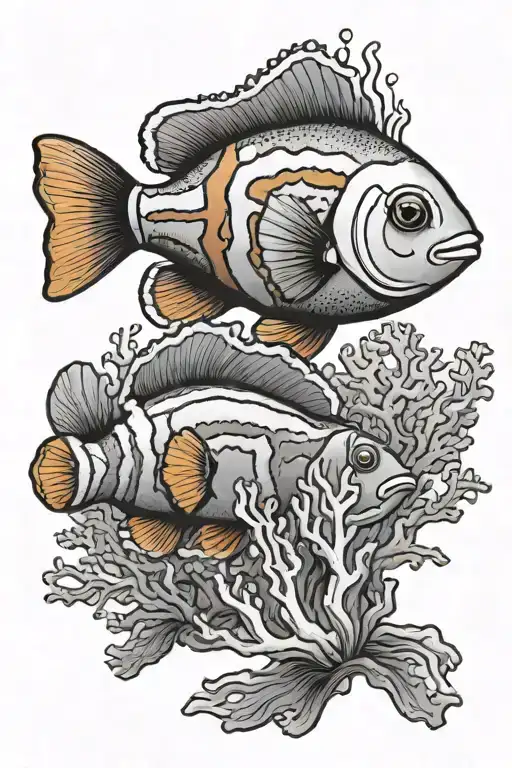 blackstorm clownfish swimming among colorful coral tattoo design idea