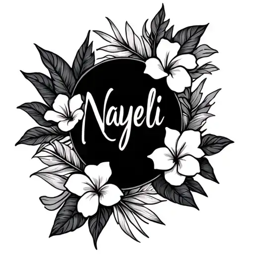 the name Nayeli with tropical flowers tattoo design idea