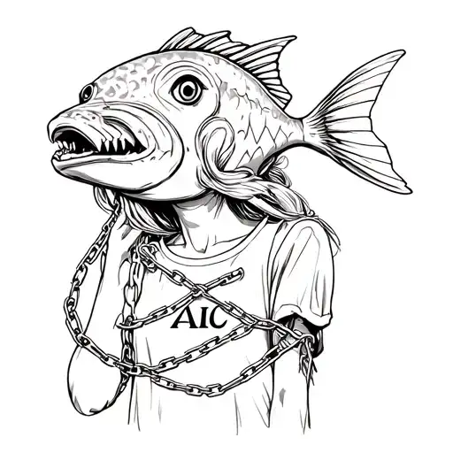 alice from alice in wonderland wrapped in chains wearing an (AIC) shirt but her head is a fish head  tattoo design idea