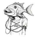 alice from alice in wonderland wrapped in chains wearing an (AIC) shirt but her head is a fish head  tattoo design idea