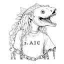 alice from alice in wonderland wrapped in chains wearing an (AIC) shirt but her head is a fish head  tattoo design idea