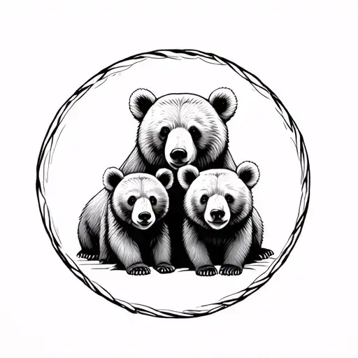 family of bears, a mother and two cubs, only the faces, enclosed in a circle all together tattoo design idea